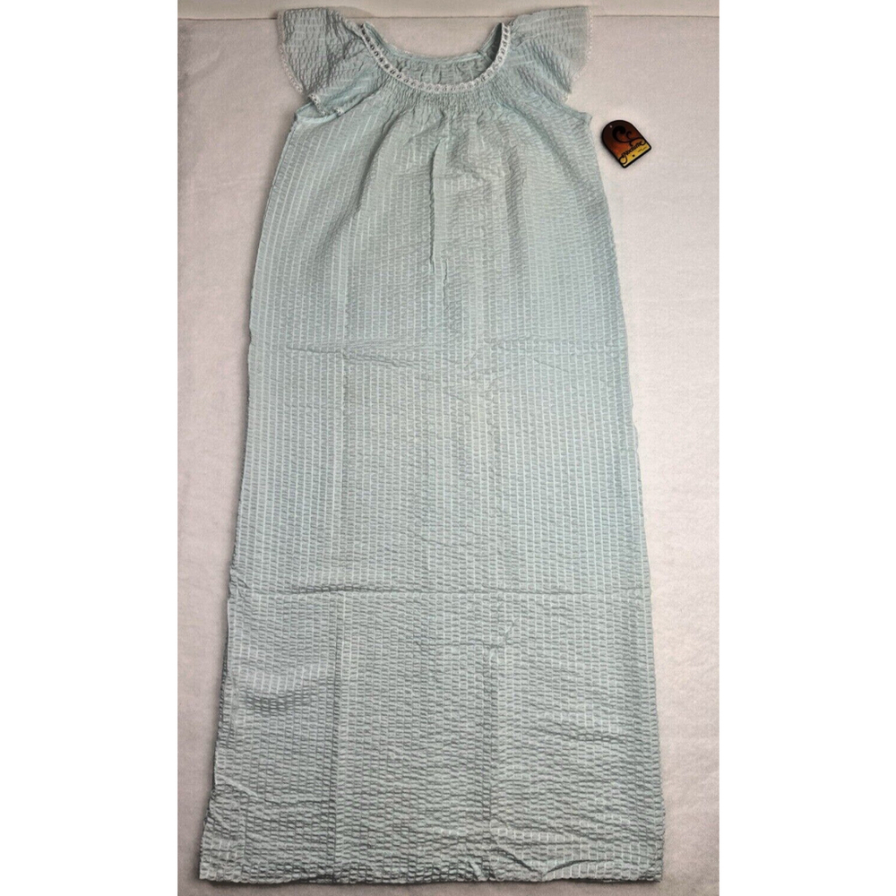 NWT Nocturne VTG 80s Blue Smocked Lace Trim Full Length Dainty Nightgown Muu Muu